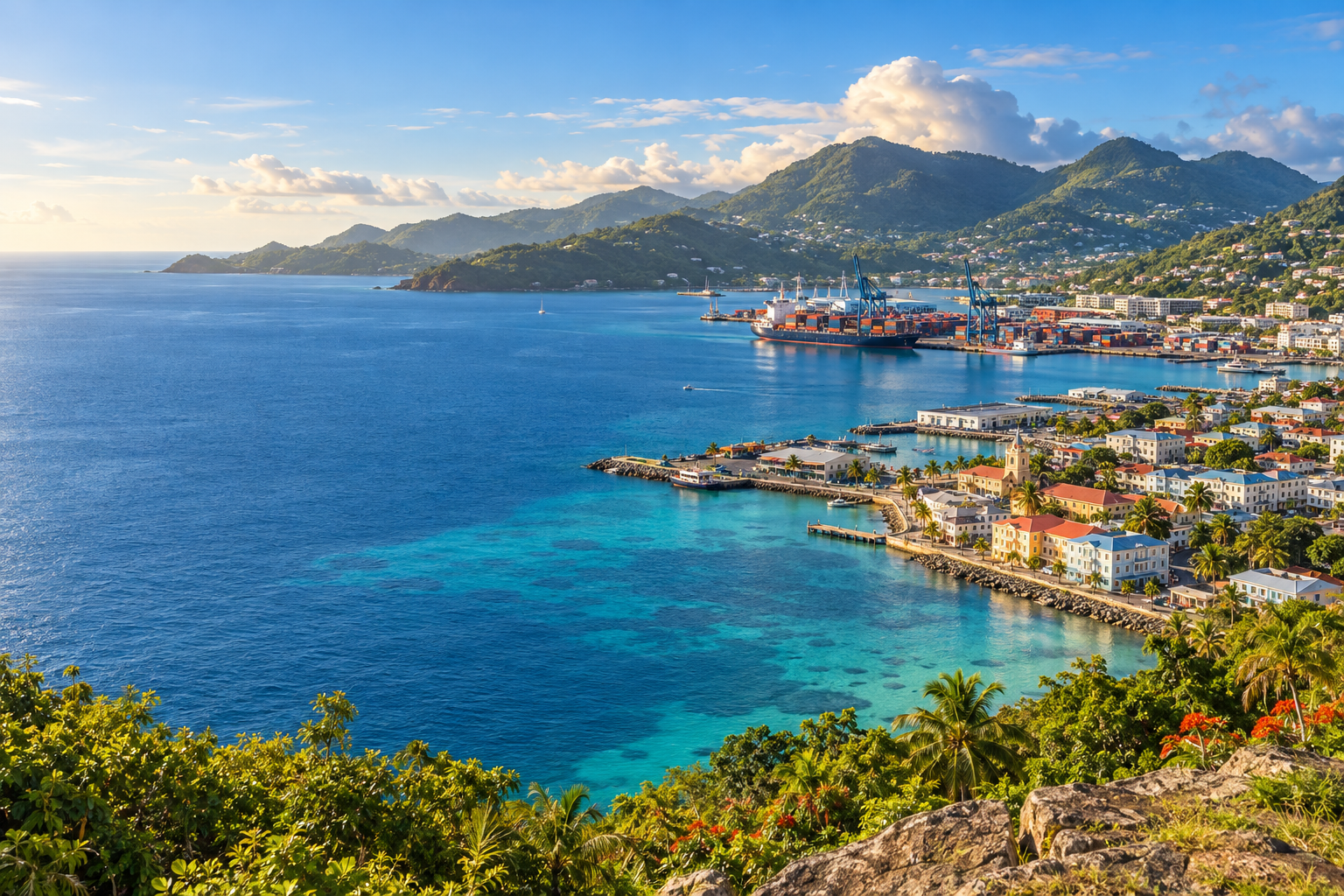 Illustrative Caribbean harbour, coastal city and green hills