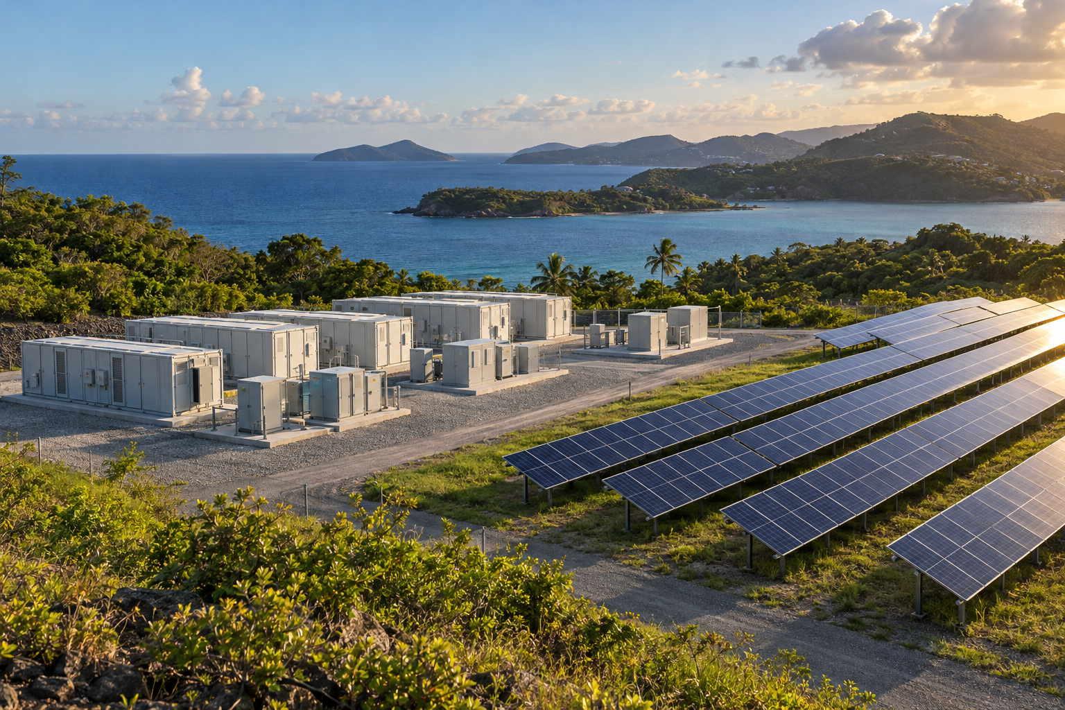 Editorial illustration of solar energy infrastructure